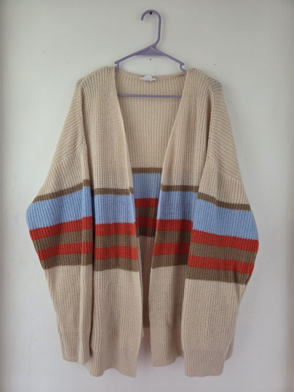 Chic Soul.com Beige Open-Front Striped Knit Cardigan with Blue & Red Accents